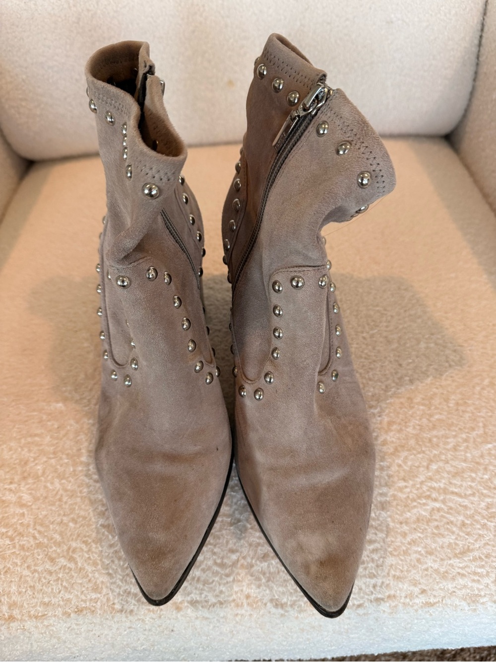 SCHUTZ Taupe Suede Studded Pointed-Toe Ankle Booties